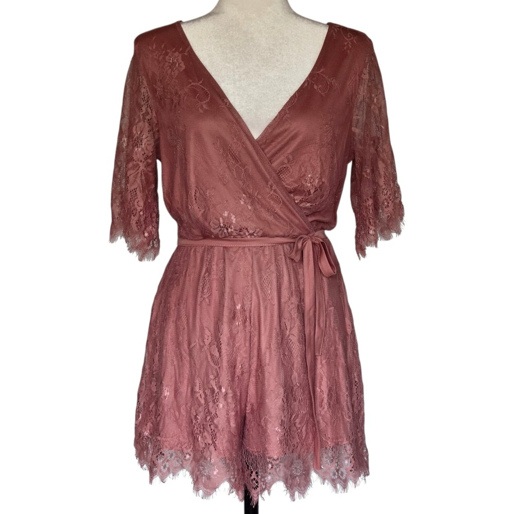 Charlotte Russe Pink‎ Lace Romper Coquette Feminine Deep V Faux Wrap Womens Med